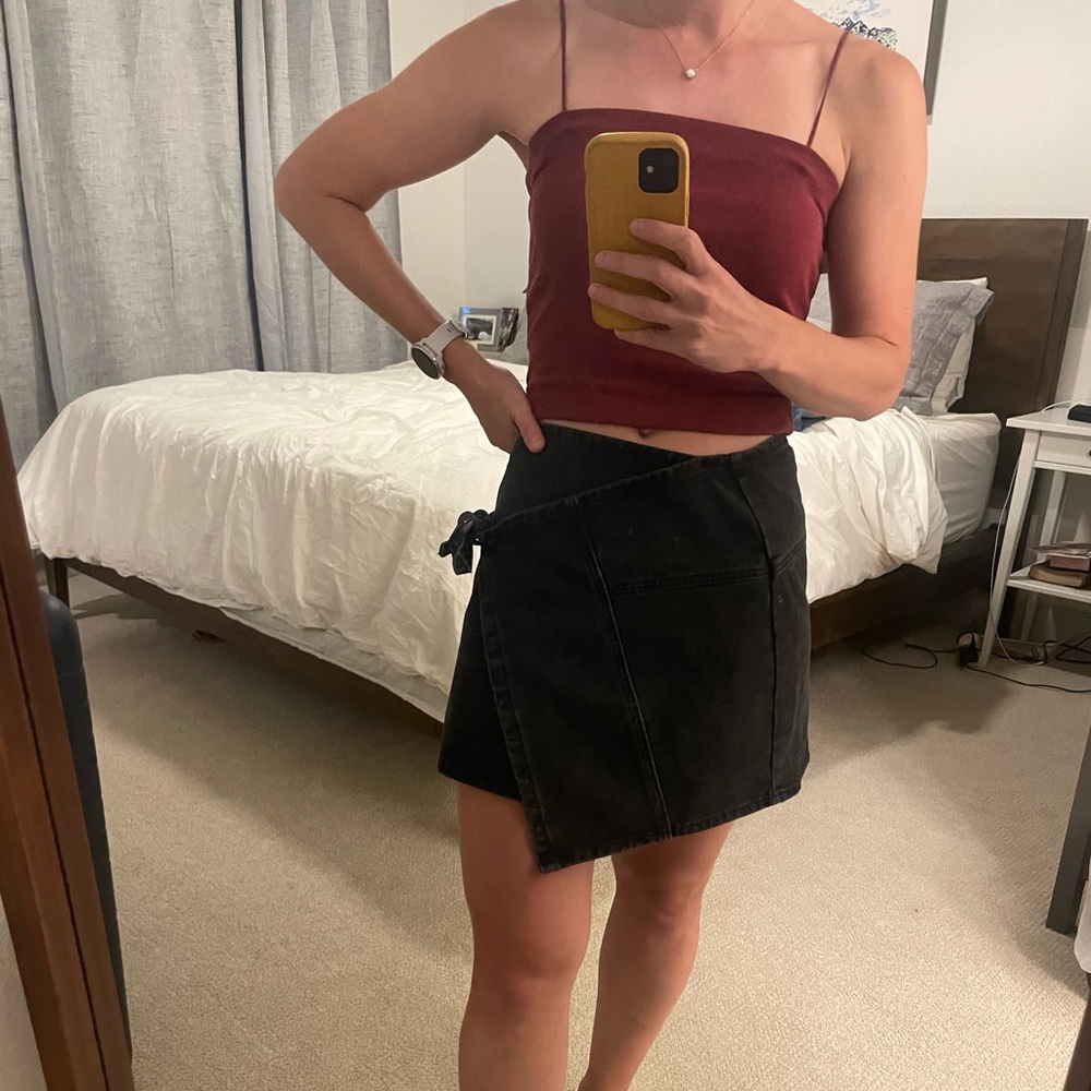 Black jean asymmetrical wrap and tie skirt